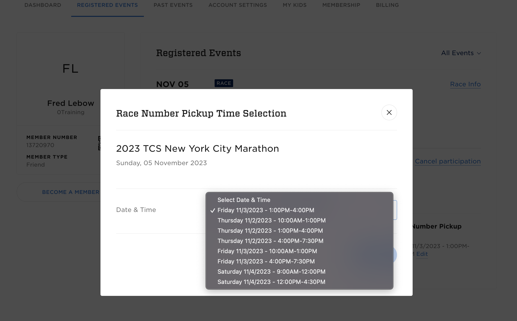 Captura de pantalla de selección de recogida de <i>bibs</i> (números) de la TCSNYC Marathon 2023