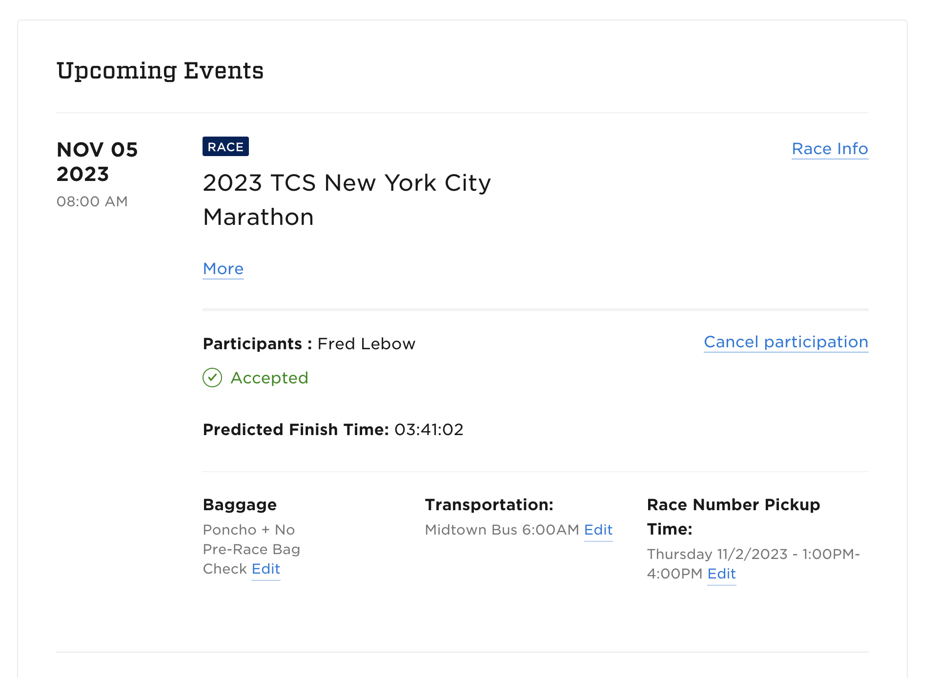 Captura de pantalla del panel de la TCSNYC Marathon 2023