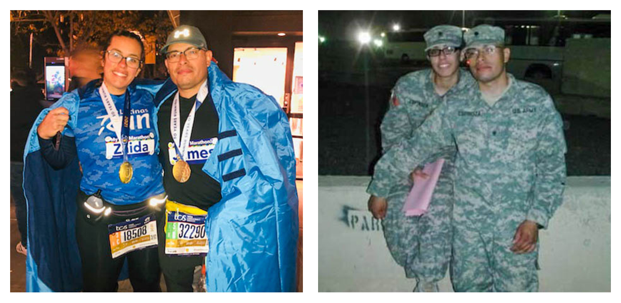 Collage of 2 photos of Zaida and James Espinoza; one of TCS NYC Marathon finish, one of them as soldiers in Kuwait